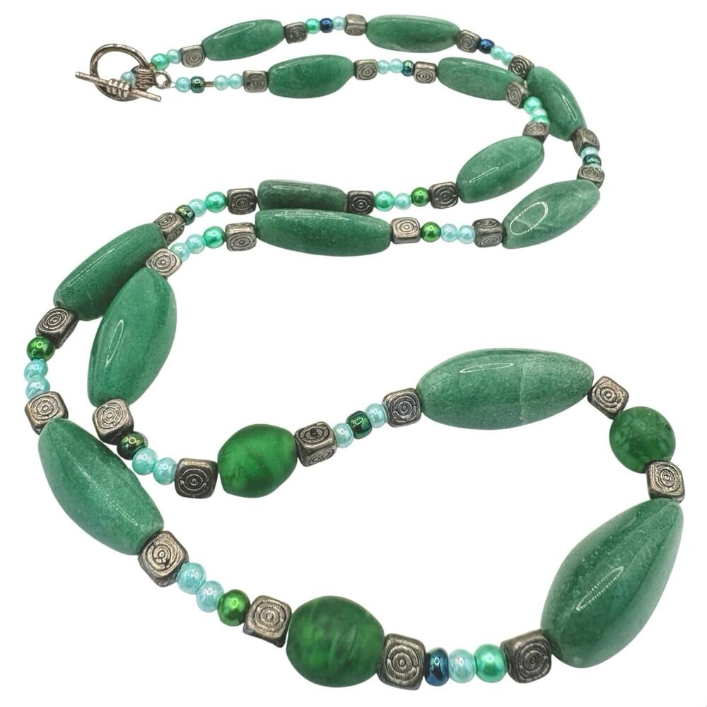 Vintage Green Beaded Necklace • Aventurine Glass Mix • Silver Spiral Accents